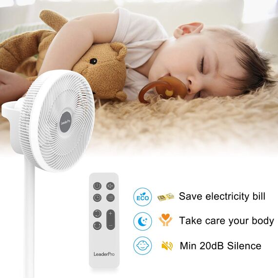 LeaderPro DC Motor Standventilator - Ventilator Leise 20dB 3D Oszillierend mit Fernbedienung/Höhe 92cm/6,8m/s/Durchmesser 34cm/9 Blätter/80% Energie Sparen/Turbo Luftzirkulator Raumventilator