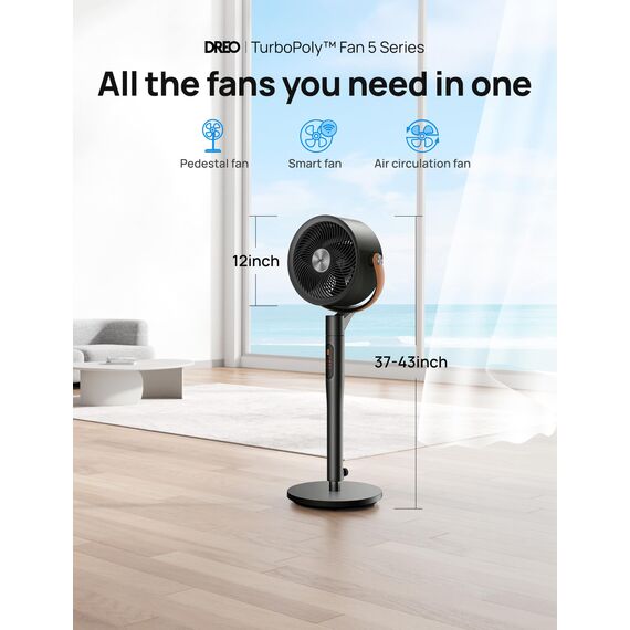 Dreo 25 dB leiser Smart Standventilator, 110 cm Höhe 6 Modi 8 Geschwindigkeiten 120°+105° Omni-direktionale oszillierende Ventilator mit Fernbedienung Sprachsteuerung für Schlafzimmer, PolyFan 513S