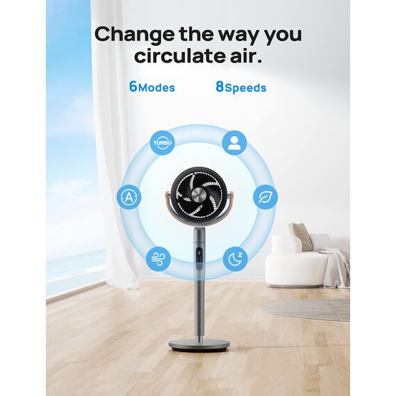Dreo 25 dB leiser Smart Standventilator, 110 cm Höhe 6 Modi 8 Geschwindigkeiten 120°+105° Omni-direktionale oszillierende Ventilator mit Fernbedienung Sprachsteuerung für Schlafzimmer, PolyFan 513S