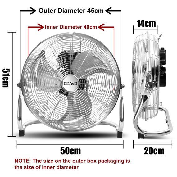 OZAVO Standventilator, Windmaschine ⌀45 cm mit 3 Laufgeschwindigkeiten, Bodenventilator Power, Tischventilator Metall, Luftkühler, verstellbare Neigungswinkel, 80 W