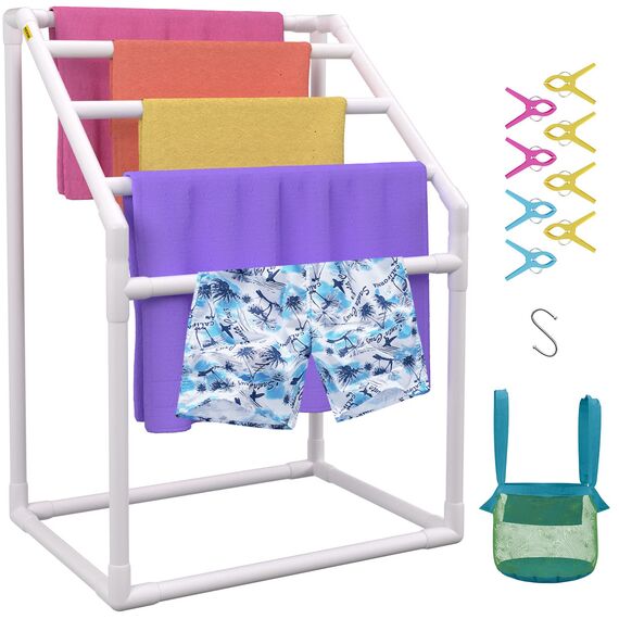 VEVOR Handtuchständer Handtuchhalter mit 5 Handtuchstangen Freistehend, Spa Schwimmbäder Handtuchhalter 94 x 60 x 127 cm Weiß Tragkraft 25 kg, PVC Handtuchständer mit 8 Handtuchklammern & 1 Haken