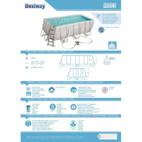BESTWAY Power Steel Rectangular Pool Set 412x201x122 cm, Stahlrahmenpool-Set mit Filterpumpe und Zubehör