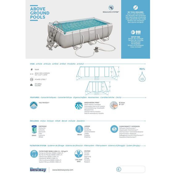 BESTWAY Power Steel Rectangular Pool Set 404 x201 x100 cm, Stahlrahmenpool-Set mit Filterpumpe