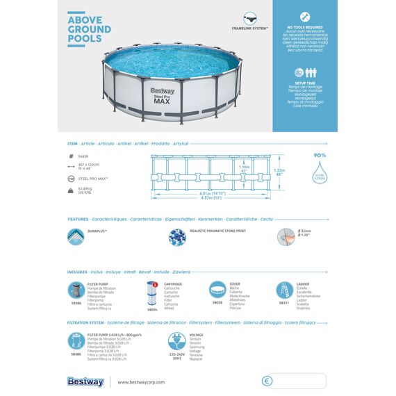 Bestway® Steel Pro MAX™ Aufstellpool Komplett-Set mit Filterpumpe Ø 457 x 122 cm, lichtgrau, rund