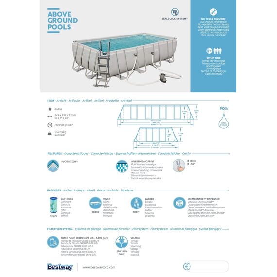 BESTWAY Power Steel Rectangular Pool Set 549x274x122 cm, Stahlrahmenpool-Set mit Filterpumpe und Zubehör