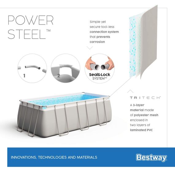 BESTWAY Power Steel Rectangular Pool Set 549x274x122 cm, Stahlrahmenpool-Set mit Filterpumpe und Zubehör
