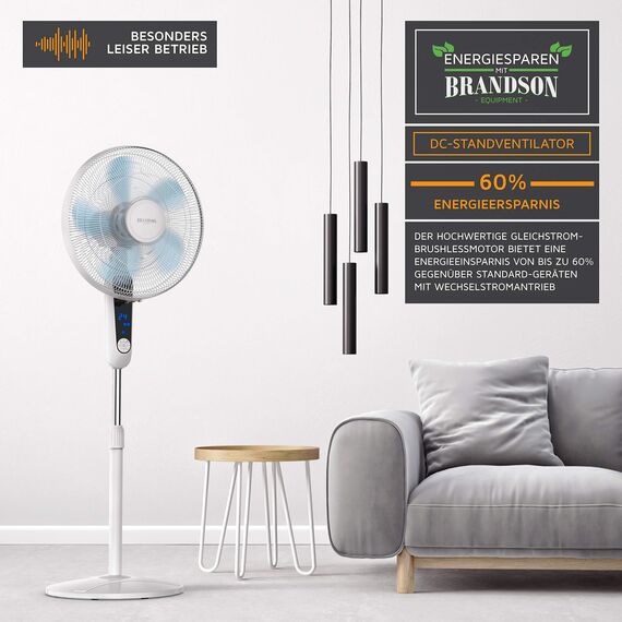 Brandson - Standventilator DC Silent mit Fernbedienung + LED Display - 24 Geschwindigkeiten - Oszillation 80° - Ventilator sehr leise - Höhe verstellbar - Kopf neigbar - Weiss - energiesparend
