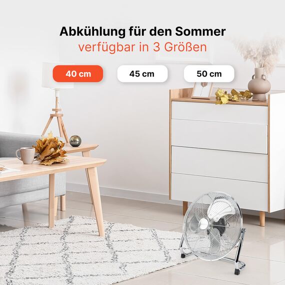ProfiCare® Windmaschine mit 40 cm Ø | Ventilator verstellbarer Winkel | Bodenventilator 3 Stufen | Ventilator leise aus Metall | Luftkühler | Standlüfter | Raumkühler | PC-VL 3065 WM chrom