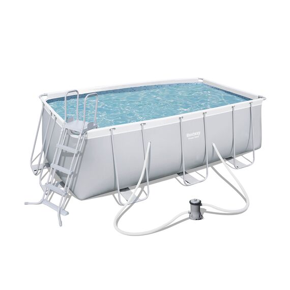 Bestway Frame Pool Power Steel, Set, hellgrau, rechteckig mit Filterpumpe und Sicherheitsleiter, 412 x 201 x 122 cm, grau