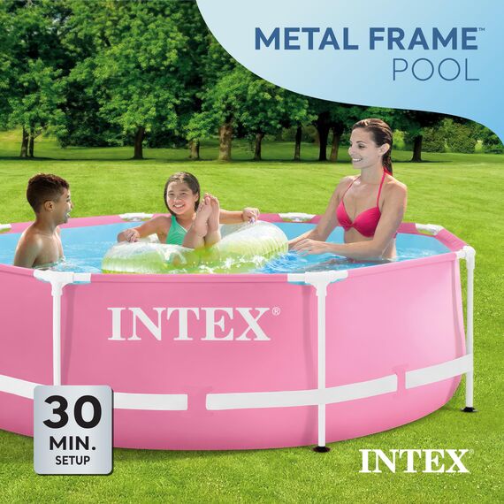 Intex 28290EH 2,4 m x 76,2 cm, einfach zu montieren, großer, runder Metallrahmen, oberirdischer Swimmingpool mit zwei Saugauslässen, Rosa