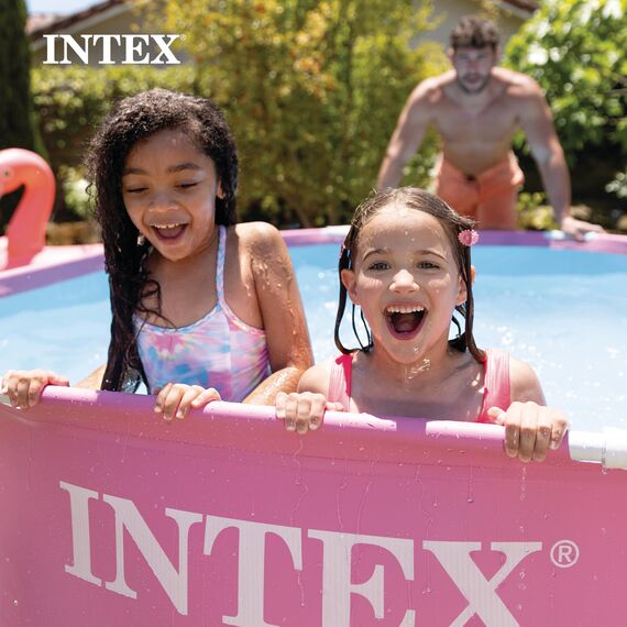 Intex 28290EH 2,4 m x 76,2 cm, einfach zu montieren, großer, runder Metallrahmen, oberirdischer Swimmingpool mit zwei Saugauslässen, Rosa