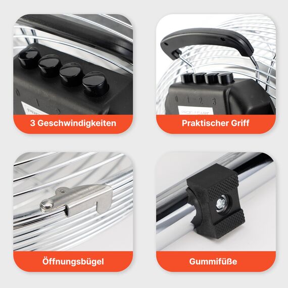 ProfiCare® Windmaschine mit 40 cm Ø | Ventilator verstellbarer Winkel | Bodenventilator 3 Stufen | Ventilator leise aus Metall | Luftkühler | Standlüfter | Raumkühler | PC-VL 3065 WM chrom