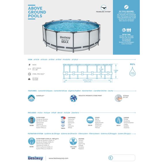 Bestway Steel Pro MAX Frame Pool Komplett-Set mit Filterpumpe Ø 427 x 122 cm, lichtgrau, rund
