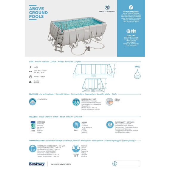 BESTWAY Power Steel Rectangular Pool Set 412x201x122 cm, Stahlrahmenpool-Set mit Filterpumpe und Zubehör