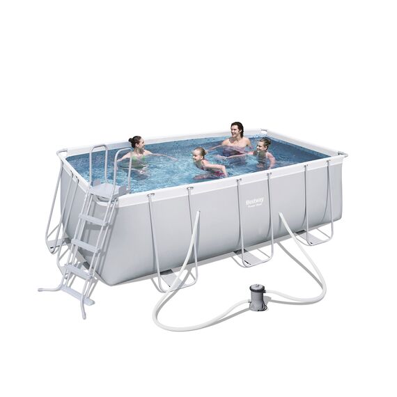 Bestway Frame Pool Power Steel, Set, hellgrau, rechteckig mit Filterpumpe und Sicherheitsleiter, 412 x 201 x 122 cm, grau