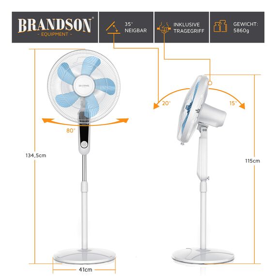 Brandson - Standventilator DC Silent mit Fernbedienung + LED Display - 24 Geschwindigkeiten - Oszillation 80° - Ventilator sehr leise - Höhe verstellbar - Kopf neigbar - Weiss - energiesparend