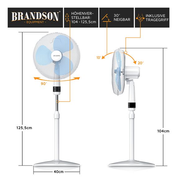 Brandson - Standventilator mit Fernbedienung 50 W - Standlüfter leise – Ventilator höhenverstellbar - Neigungswinkel um 40° verstellbar - 3 Geschwindigkeitsstufen - Oszillation ca. 90° - weiß