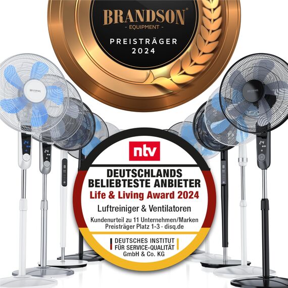 Brandson - Standventilator DC Silent mit Fernbedienung + LED Display - 24 Geschwindigkeiten - Oszillation 80° - Ventilator sehr leise - Höhe verstellbar - Kopf neigbar - Weiss - energiesparend