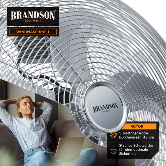 Brandson - Windmaschine Retro Stil 120 Watt - Ventilator in Chrom - Standventilator 45 cm - Bodenventilator - hoher Luftdurchsatz - stufenlos neigbarer Ventilatorkopf - Silber