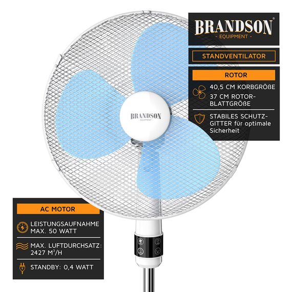 Brandson - Standventilator mit Fernbedienung 50 W - Standlüfter leise – Ventilator höhenverstellbar - Neigungswinkel um 40° verstellbar - 3 Geschwindigkeitsstufen - Oszillation ca. 90° - weiß