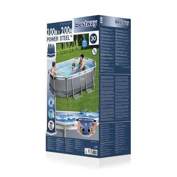 Bestway 56617-GS19 Power 300x200x84 cm, Ovaler Stahlrahmenpool-Set mit Filterpumpe, grau