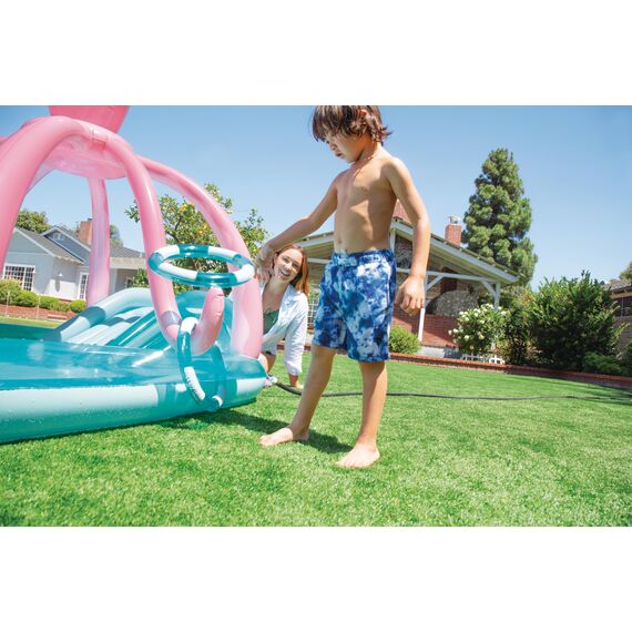 INTEX Friendly Octopus Aufblasbarer Kiddie Pool: aufblasbarer Kinderpool mit Wassersprüher und Rutsche – Splash Pad – 233,7 x 182,9 x 149,9 cm – ab 3 Jahren