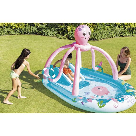 INTEX Friendly Octopus Aufblasbarer Kiddie Pool: aufblasbarer Kinderpool mit Wassersprüher und Rutsche – Splash Pad – 233,7 x 182,9 x 149,9 cm – ab 3 Jahren