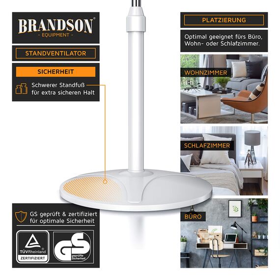 Brandson - Standventilator mit Fernbedienung 50 W - Standlüfter leise – Ventilator höhenverstellbar - Neigungswinkel um 40° verstellbar - 3 Geschwindigkeitsstufen - Oszillation ca. 90° - weiß