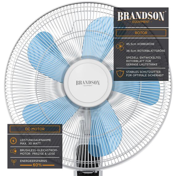 Brandson - Standventilator DC Silent mit Fernbedienung + LED Display - 24 Geschwindigkeiten - Oszillation 80° - Ventilator sehr leise - Höhe verstellbar - Kopf neigbar - Weiss - energiesparend