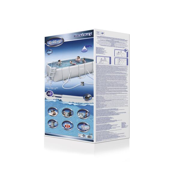 Bestway Frame Pool Power Steel, Set, hellgrau, rechteckig mit Filterpumpe und Sicherheitsleiter, 412 x 201 x 122 cm, grau