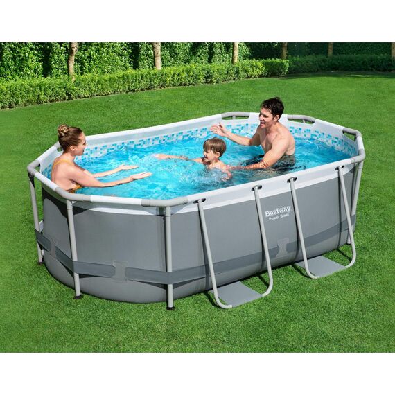 Bestway 56617-GS19 Power 300x200x84 cm, Ovaler Stahlrahmenpool-Set mit Filterpumpe, grau
