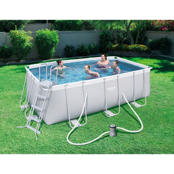 Bestway Frame Pool Power Steel, Set, hellgrau, rechteckig mit Filterpumpe und Sicherheitsleiter, 412 x 201 x 122 cm, grau