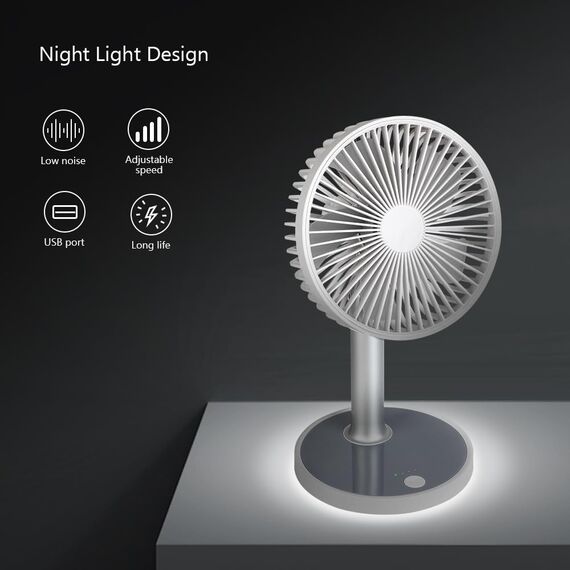 memumi Standventilator USB Ventilator,Höhenverstellbarer Tischventilator mit Nachtlicht,4 Geschwindigkeitsstufen |Über USB aufladbar, Tischventilator für Haus & Büro - weiß