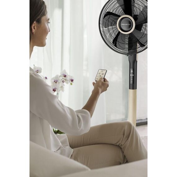 Rowenta Standventilator Turbo Silence Extreme+ VU5880 | Fernbedienung | 5 Geschwindigkeiten | Automatische Oszillation | Energiesparmodus | Abschaltautomatik | Timer | Schwarz + Holz-Finish