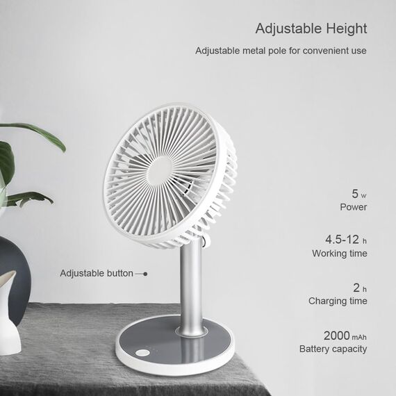 memumi Standventilator USB Ventilator,Höhenverstellbarer Tischventilator mit Nachtlicht,4 Geschwindigkeitsstufen |Über USB aufladbar, Tischventilator für Haus & Büro - weiß