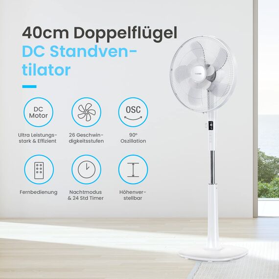 Pro Breeze 40 cm Standventilator mit DC Motor, Doppelflügel Technologie, Ventilator mit Fernbedienung & LED Display, 26 Lüftergeschwindigkeiten, 90° Oszillation, 24h Timer, höhenverstellbar, Weiß
