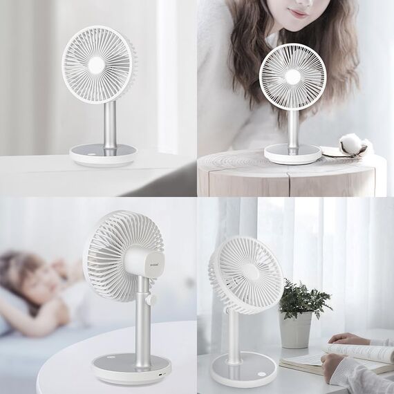 memumi Standventilator USB Ventilator,Höhenverstellbarer Tischventilator mit Nachtlicht,4 Geschwindigkeitsstufen |Über USB aufladbar, Tischventilator für Haus & Büro - weiß