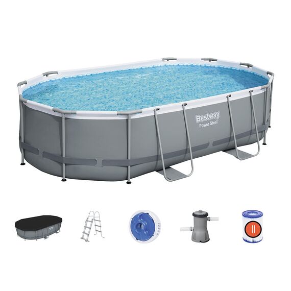 Bestway Power Steel Frame Pool Set, oval, grau, 488 x 305 x 107 cm, 56448-05
