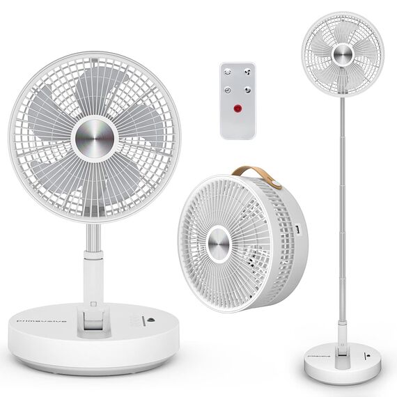 Primevolve Standventilator mit Fernbedienung, 7200 mAh Akku USB Tischventilator, Tragbarer Ventilator leise 10", Faltbarer Standventilator für Camping, Büro, Schlafzimmer, P2000 Weiß