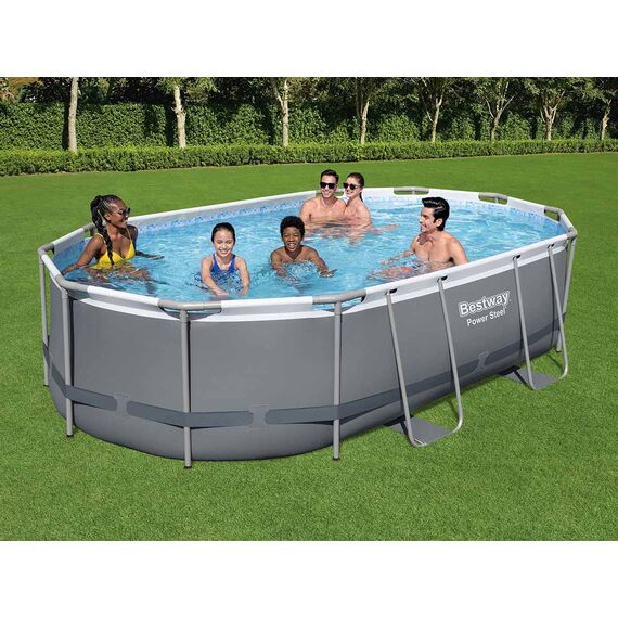 Bestway Power Steel Frame Pool Set, oval, grau, 488 x 305 x 107 cm, 56448-05