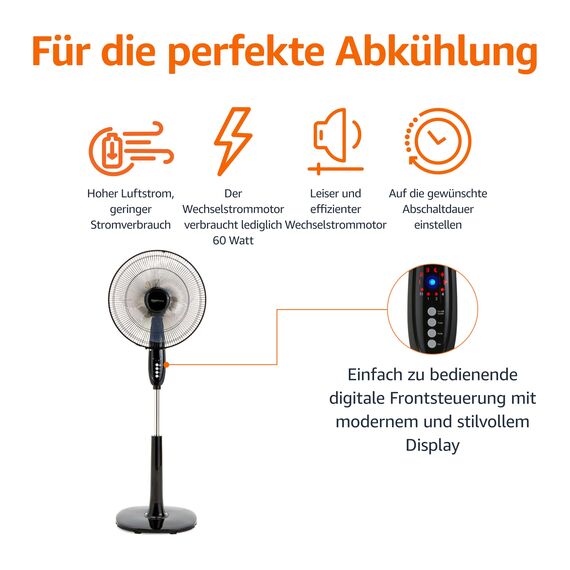Amazon Basics Standventilator 40 cm mit Fernbedienung, für Schlafzimmer, Wohnzimmer, Büro, 3 Geschwindigkeiten, 3 Modi, Timer, Doppelschicht-Rotorblätter, Höhenverstellbar,Neigbarer Kopf, 60W, Schwarz