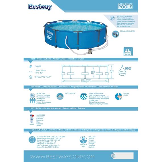 Bestway Steel Pro Max Stahlrahmenpool Set mit Filterpumpe, 4678 L, blau, 305 x 305 x 76 cm
