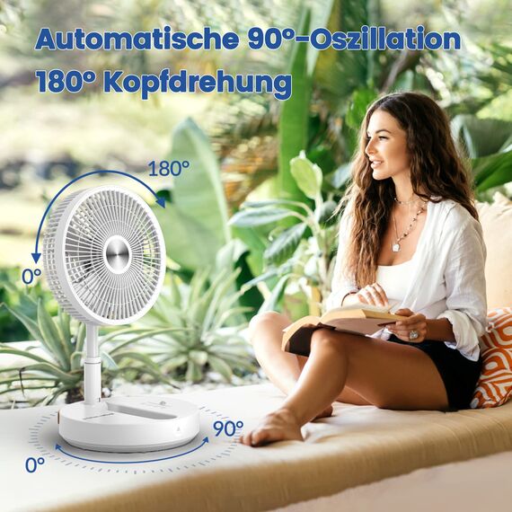 Primevolve Standventilator mit Fernbedienung, 7200 mAh Akku USB Tischventilator, Tragbarer Ventilator leise 10", Faltbarer Standventilator für Camping, Büro, Schlafzimmer, P2000 Weiß