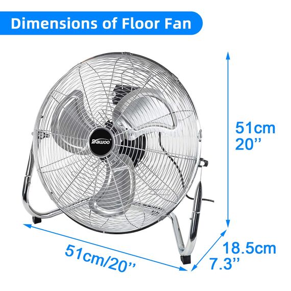 DAWOO Windmaschine Bodenventilator 95W Standventilator Leistungsstarker mit 3-Leistungsstufen 45cm High Velocity Standventilator Retro für Werkstatt, Verstellbare Neigungswinkel (45CM, Chrome)