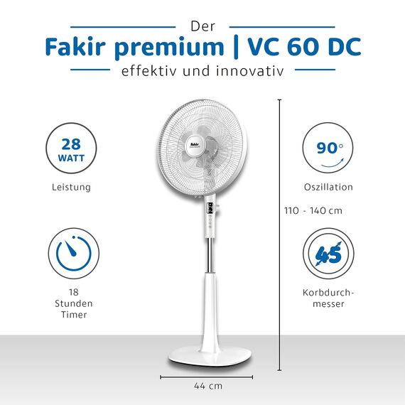 Fakir prestige VC 60 DC – Standventilator mit Fernbedienung & 24 Leistungsstufen I Ventilator mit 90 °Oszillation & Timer I Höhenverstellbar von 110-140 cm I Weiß I 28 Watt, 6959009