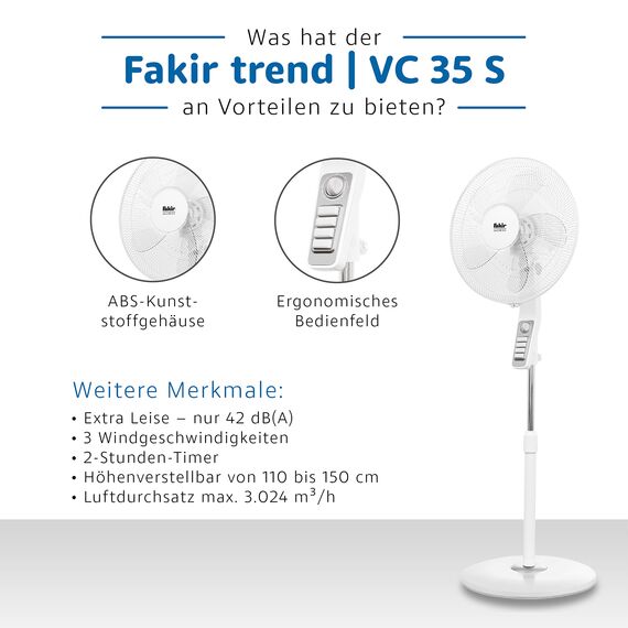Fakir trend VC 35 S – Höhenverstellbarer leiser Standventilator mit stabilem Sockel & 3 Leistungsstufen I Ventilator mit 90° Oszillation & Timer I Höhenverstellbar von 110-150 cm I Weiß | 60 Watt