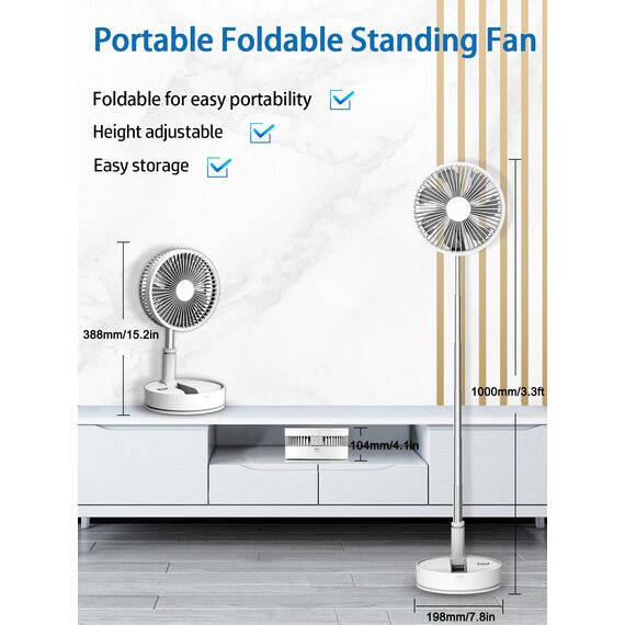 UNITEDTIME Tragbarer Ventilator Faltbares Wiederaufladbares [Fernbedienung] Foldaway Stehendes Pedestal Oszillierende Timer für Camping Reisen, Schlafzimmer, Klappbar (Weiß)