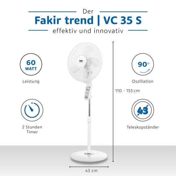 Fakir trend VC 35 S – Höhenverstellbarer leiser Standventilator mit stabilem Sockel & 3 Leistungsstufen I Ventilator mit 90° Oszillation & Timer I Höhenverstellbar von 110-150 cm I Weiß | 60 Watt