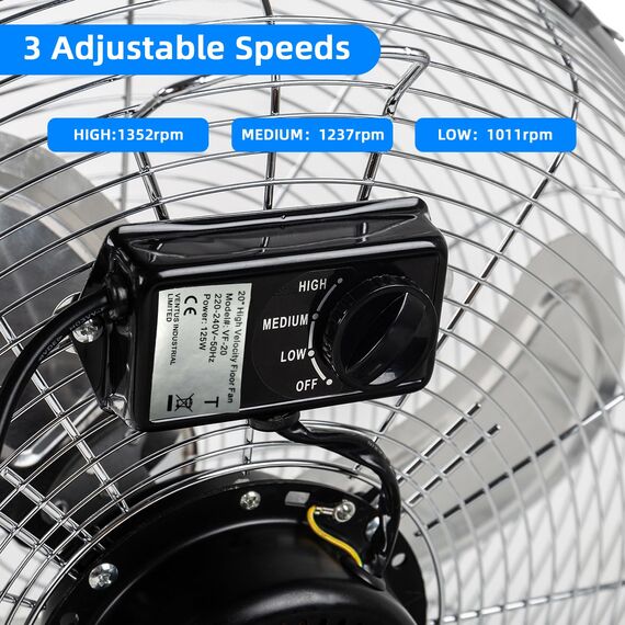 DAWOO Windmaschine Bodenventilator 95W Standventilator Leistungsstarker mit 3-Leistungsstufen 45cm High Velocity Standventilator Retro für Werkstatt, Verstellbare Neigungswinkel (45CM, Chrome)