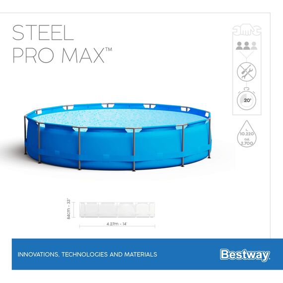 Bestway Steel Pro Max Stahlrahmenpool-Set mit Filterpumpe und Zubehör, 10220 L, blau, 427 x 427 x 84 cm